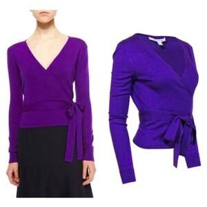 DIANE VON FURSTENBERG Purple Ballerina Wrap Sweater Size Large Silk Cashmere